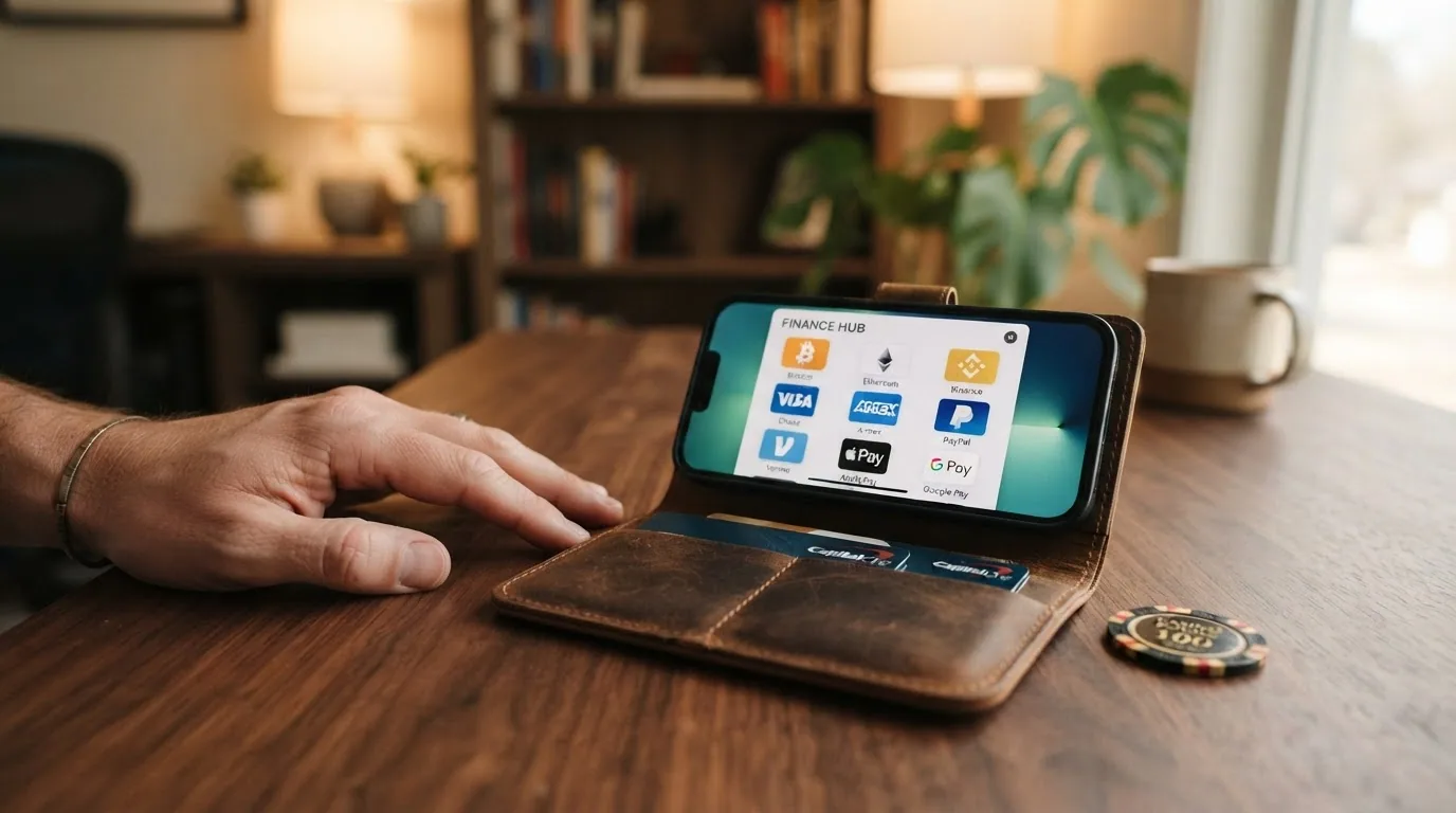 Cartera digital con iconos de criptomonedas, tarjetas bancarias y monederos electrónicos junto a un candado abierto
