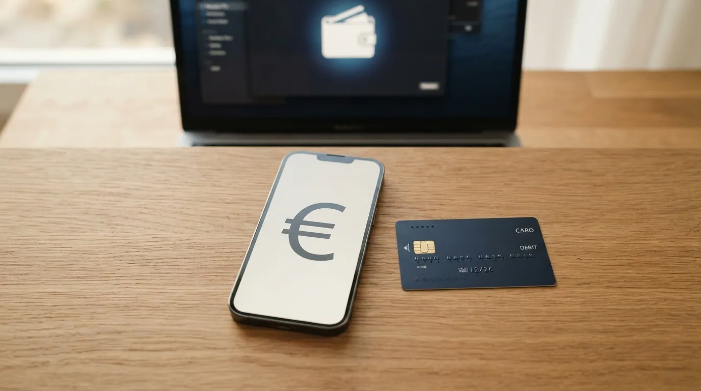 Cartera digital, tarjeta bancaria, teléfono con Bizum y monedas de criptomoneda tachadas, todo sobre una banda transportadora que simboliza el flujo de retirada