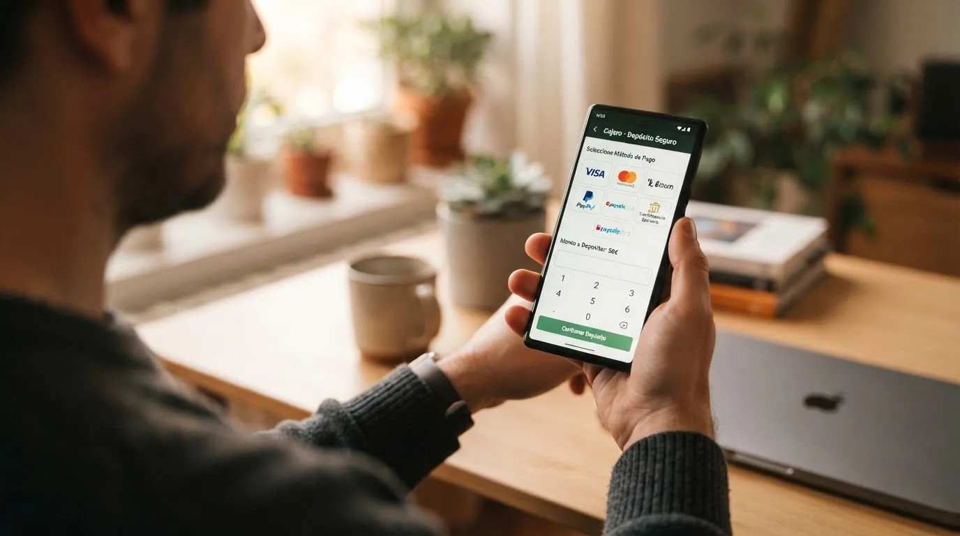 Pantalla de cajero de un casino online español mostrando los iconos de Bizum, PayPal, Paysafecard y tarjeta como métodos de depósito disponibles