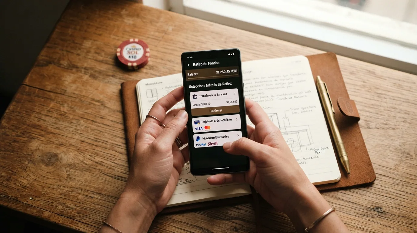 Teléfono móvil mostrando la pantalla de retiro de un casino online español con las opciones de Bizum, tarjeta y transferencia