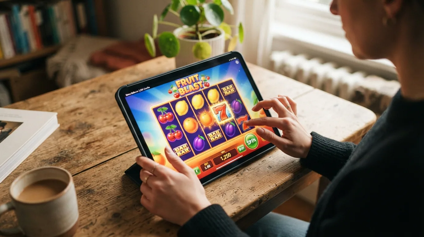 Pantalla de un modo demo de slot de frutas con el indicador de saldo ficticio visible y los botones de giro y apuesta activos