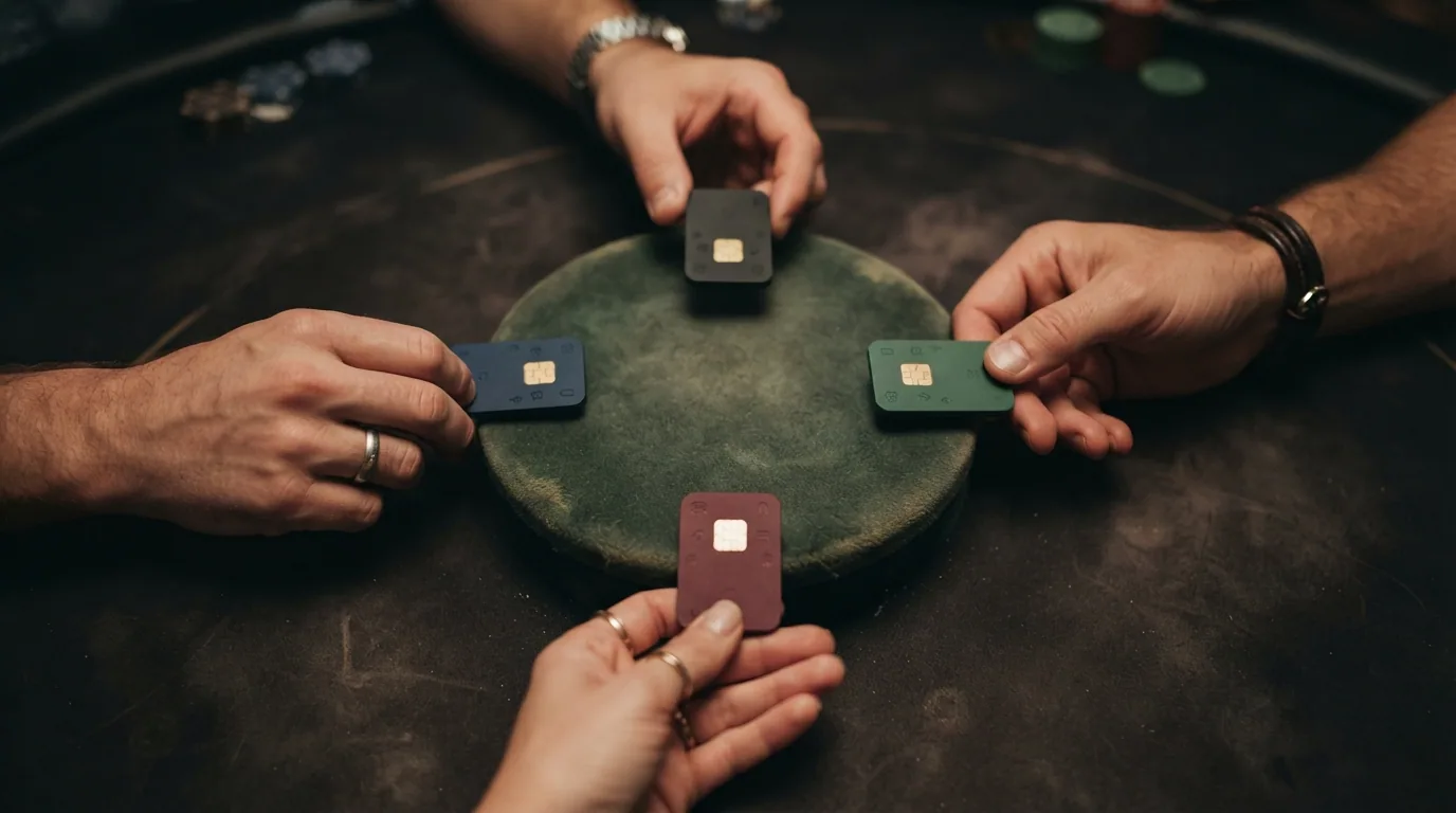 Cuatro figuras de jugador con distintos atributos (una rodeada de slots, otra con un escudo, otra con monedas, otra con un sello de transparencia) mirando hacia un podio