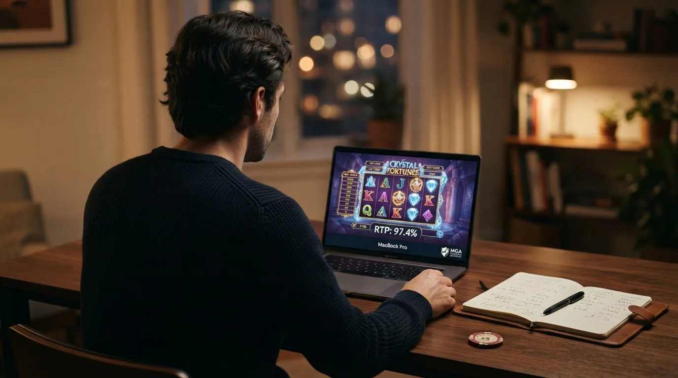 Jugador tomando notas frente a la pantalla con una slot abierta, una calculadora y el logo de la DGOJ visible