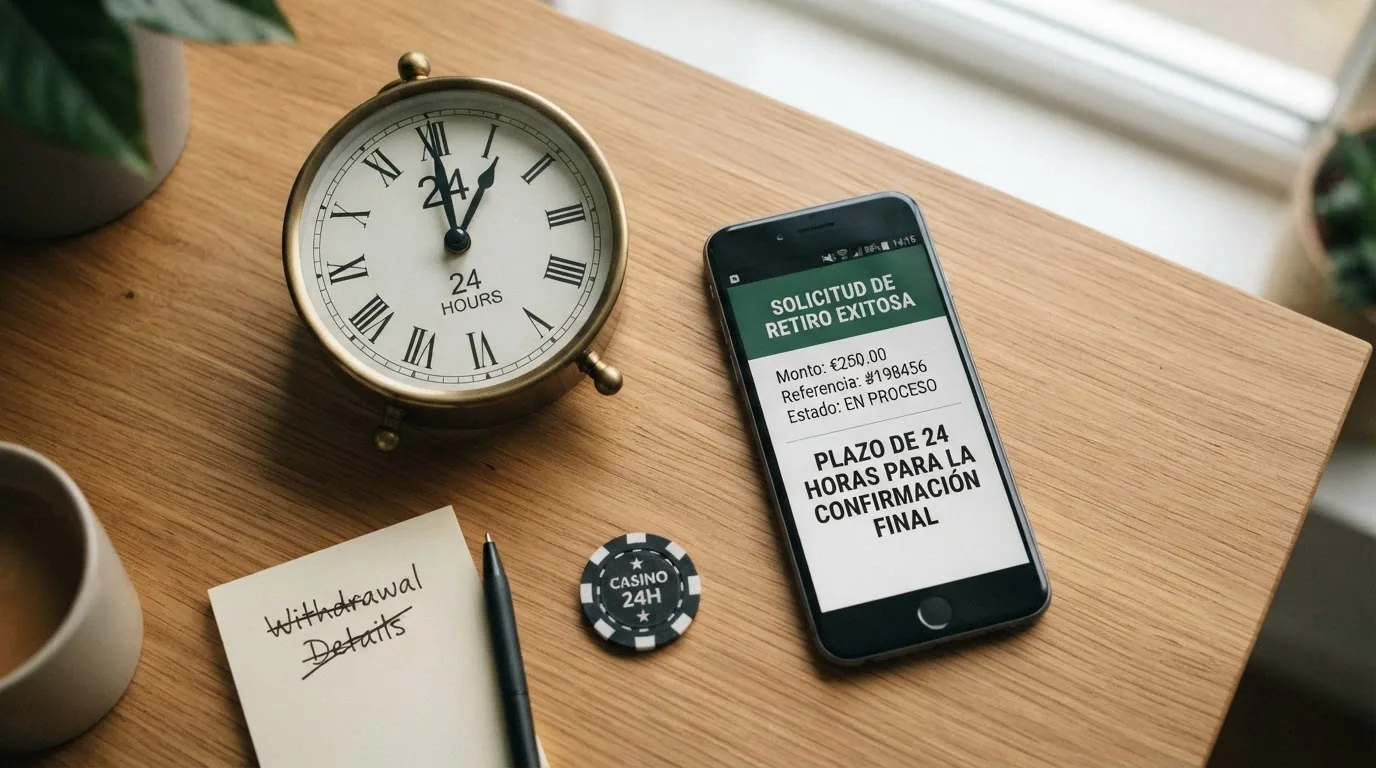 Reloj analógico marcando veinticuatro horas junto a un teléfono móvil con la pantalla de retirada de fondos de un casino