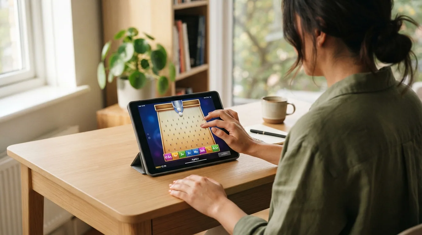 Pantalla del modo demo de un plinko de casino con saldo ficticio en euros y el tablero activo a punto de lanzar una bola