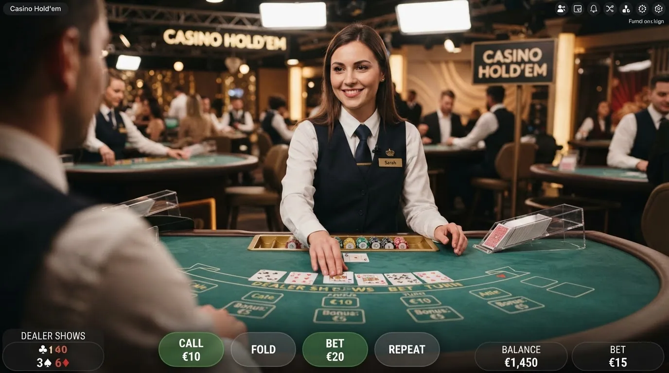 Crupier real repartiendo cartas en una mesa de Casino Hold'em en vivo con la interfaz de apuestas del jugador superpuesta