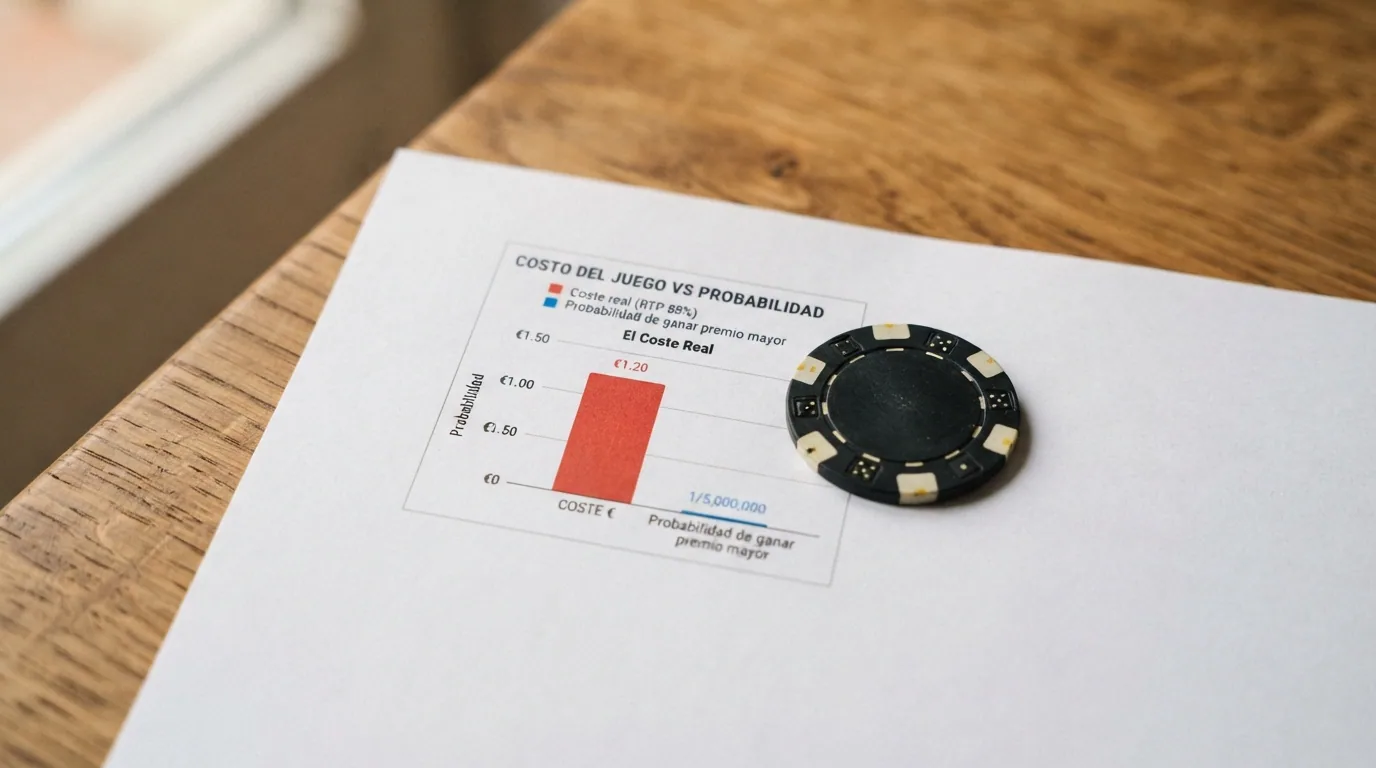 Infografía comparativa: una ficha de casino junto a una pila de monedas de euro, con una balanza que pesa el coste real frente a la probabilidad de ganar el bote