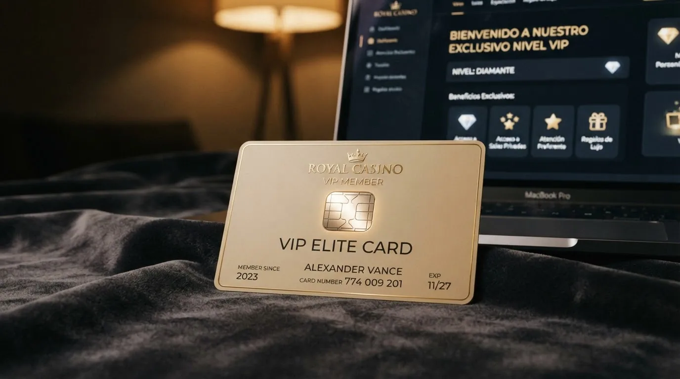 Representación visual de los niveles de un programa VIP de casino online, con beneficios listados en cada nivel