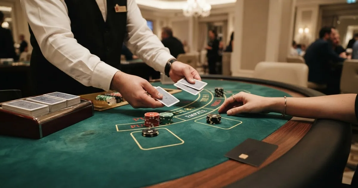 Mano de punto y banca en una mesa de casino con seis barajas, fichas y las zonas de apuesta de Punto, Banca y Empate