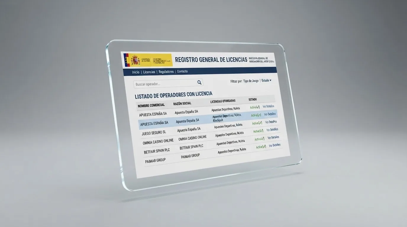Captura de pantalla del registro público de operadores con licencia en la web de la DGOJ (ordenacionjuego.es) con un operador destacado