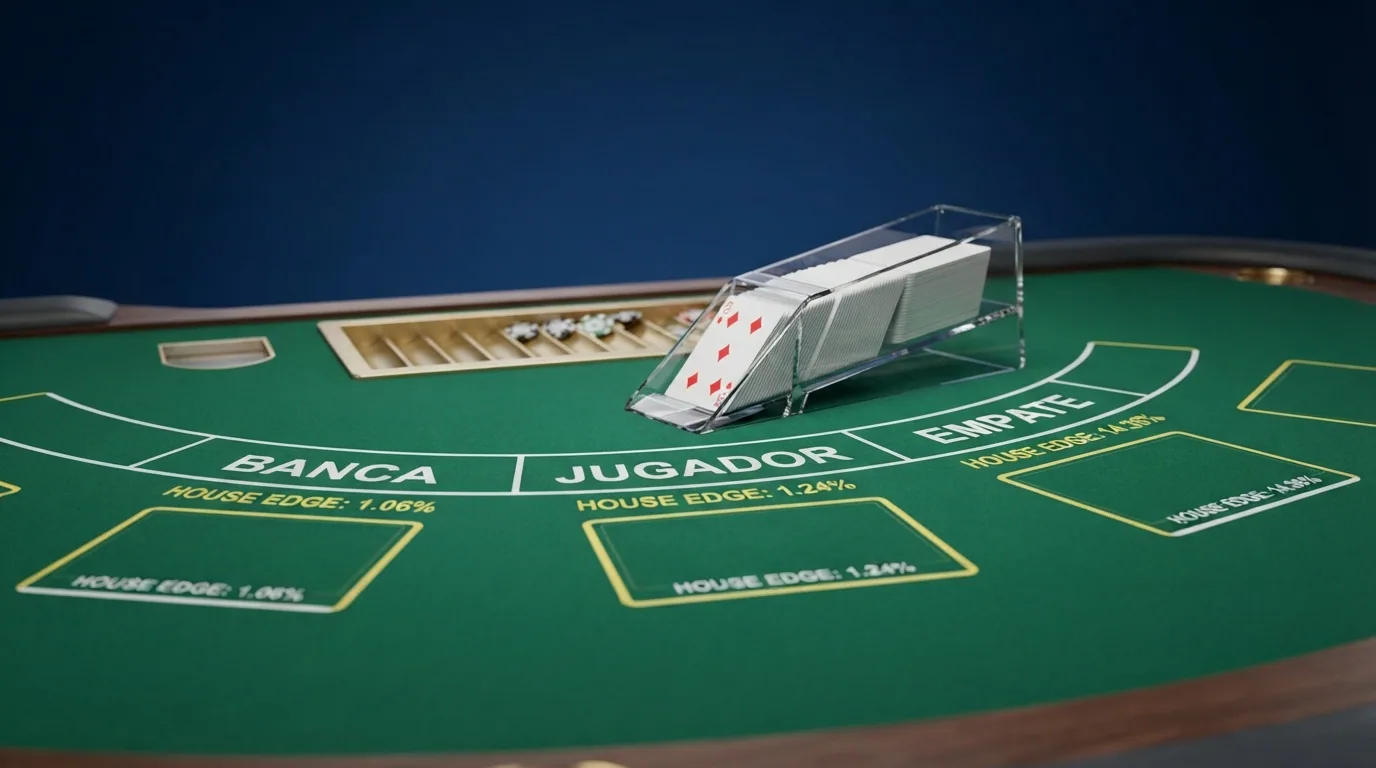 Esquema visual de una mesa de baccarat con las tres zonas de apuesta señaladas y el zapato de cartas