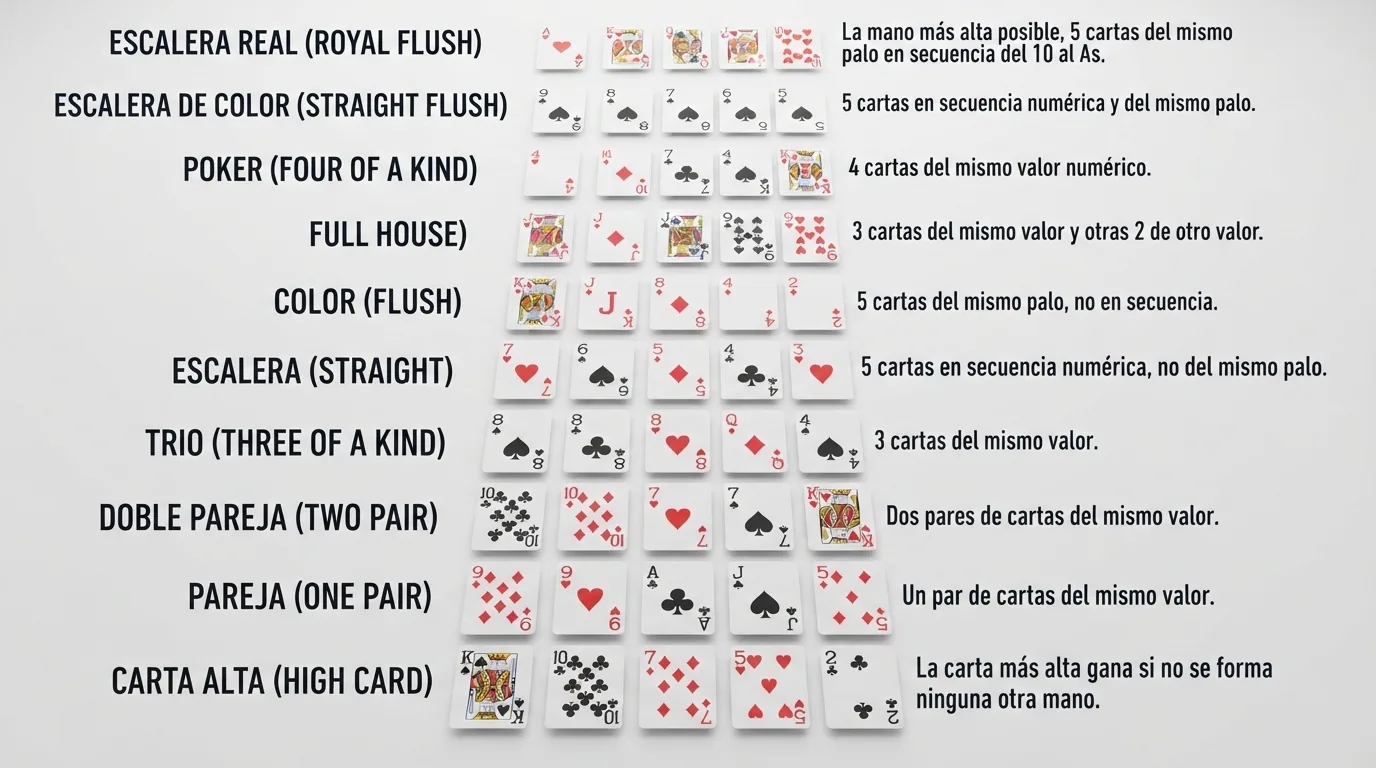 Infografía con la clasificación de manos de poker de menor a mayor, de carta alta a escalera real, en español