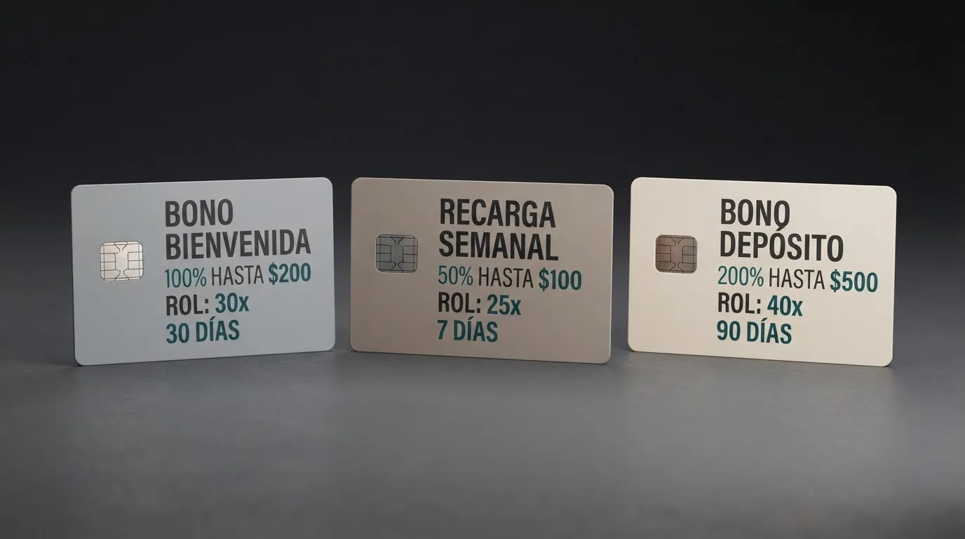 Comparativa visual de tres tarjetas de bono con sus cifras clave (porcentaje, máximo, rollover, días de validez) una al lado de la otra