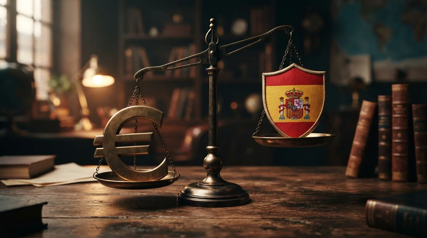 Balanza con el símbolo del euro en un platillo y un escudo con la bandera de España en el otro, sin equilibrio