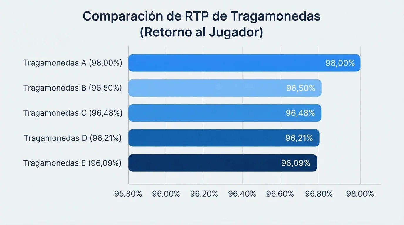 Gráfico comparativo del RTP de cinco tragamonedas populares, de Blood Suckers (98,00%) a Starburst (96,09%)