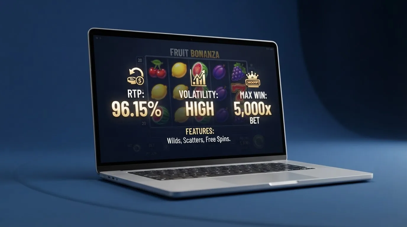 Una ficha técnica visual de una tragaperras con los valores de RTP, volatilidad y ganancia máxima resaltados sobre la interfaz del juego