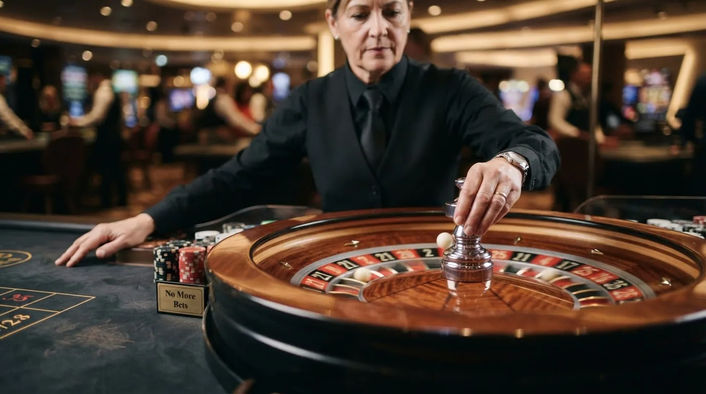 Mano de un crupier lanzando la bola sobre una ruleta en vivo con primer plano del cilindro