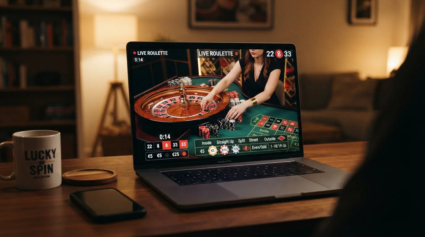 Mesa de ruleta en vivo con crupier real retransmitida desde un estudio, con la interfaz de apuestas visible en pantalla