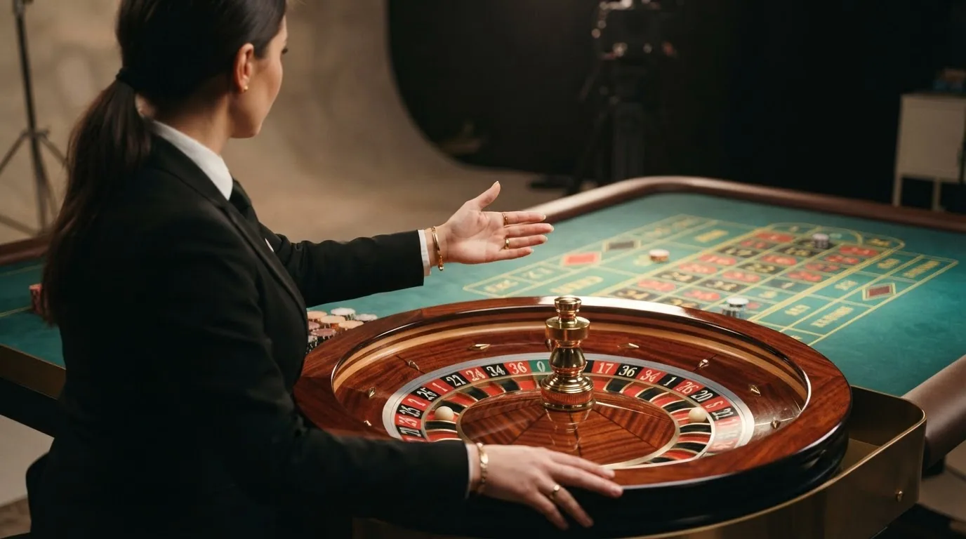Mesa de ruleta en vivo con crupier en español en un estudio de emisión profesional