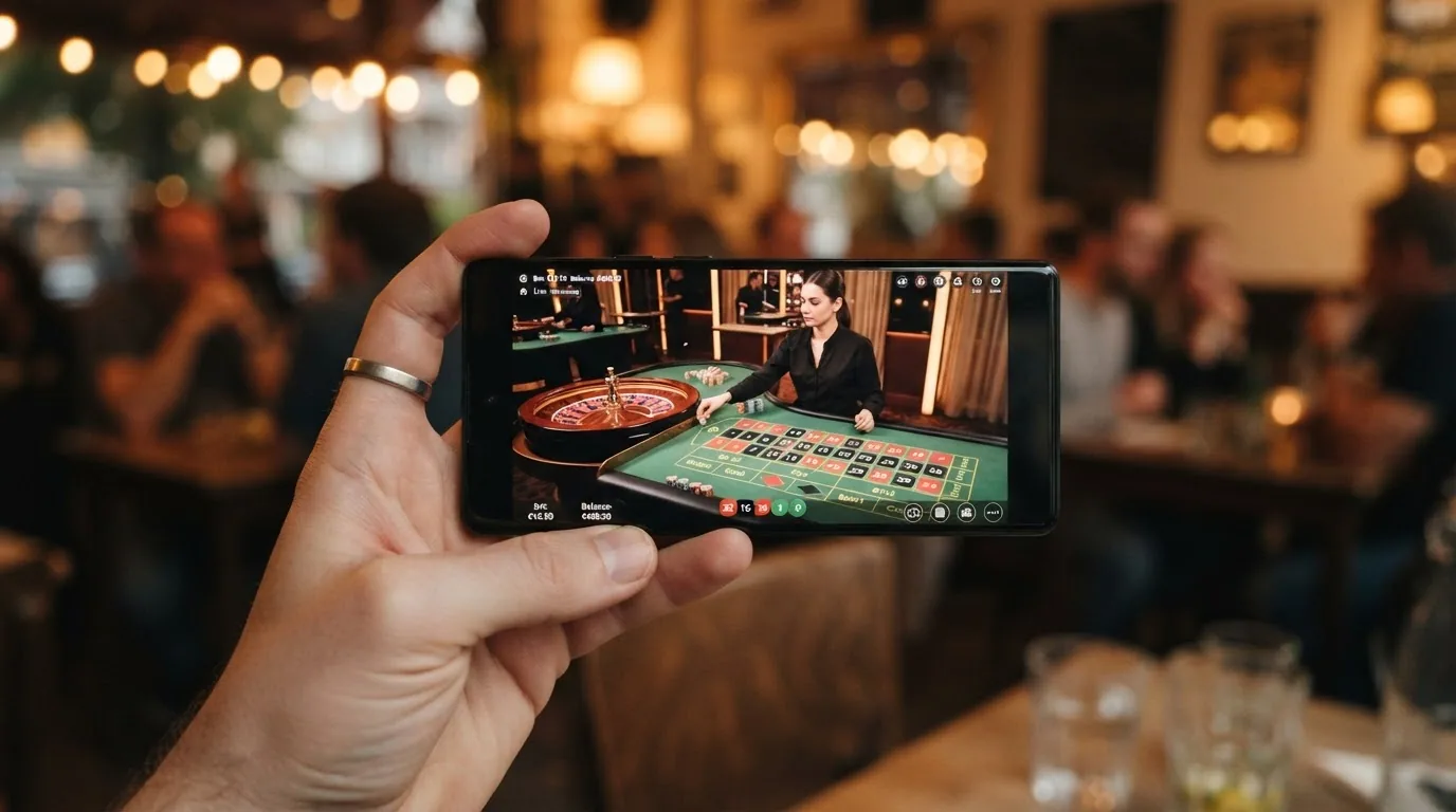 Teléfono en horizontal mostrando una mesa de ruleta en vivo con un crupier real y la interfaz de apuestas en pantalla
