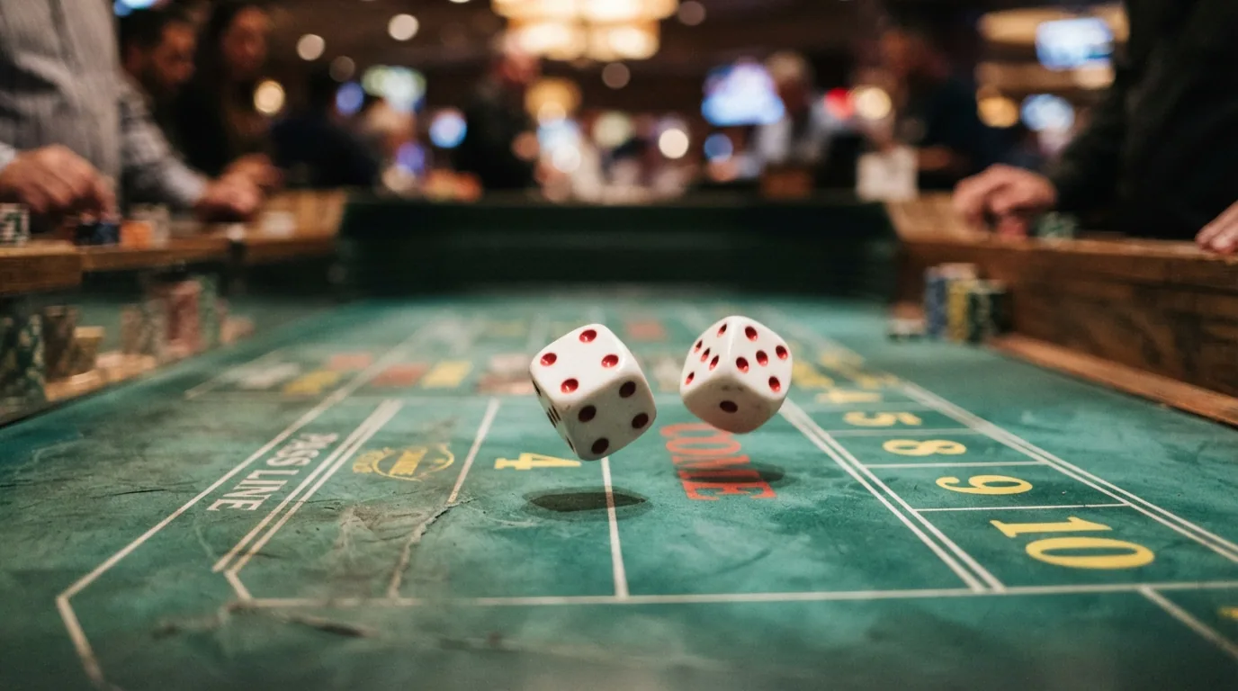 Dos dados blancos con los puntos rojos visibles en primer plano, detenidos sobre un tapete de casino tras un lanzamiento