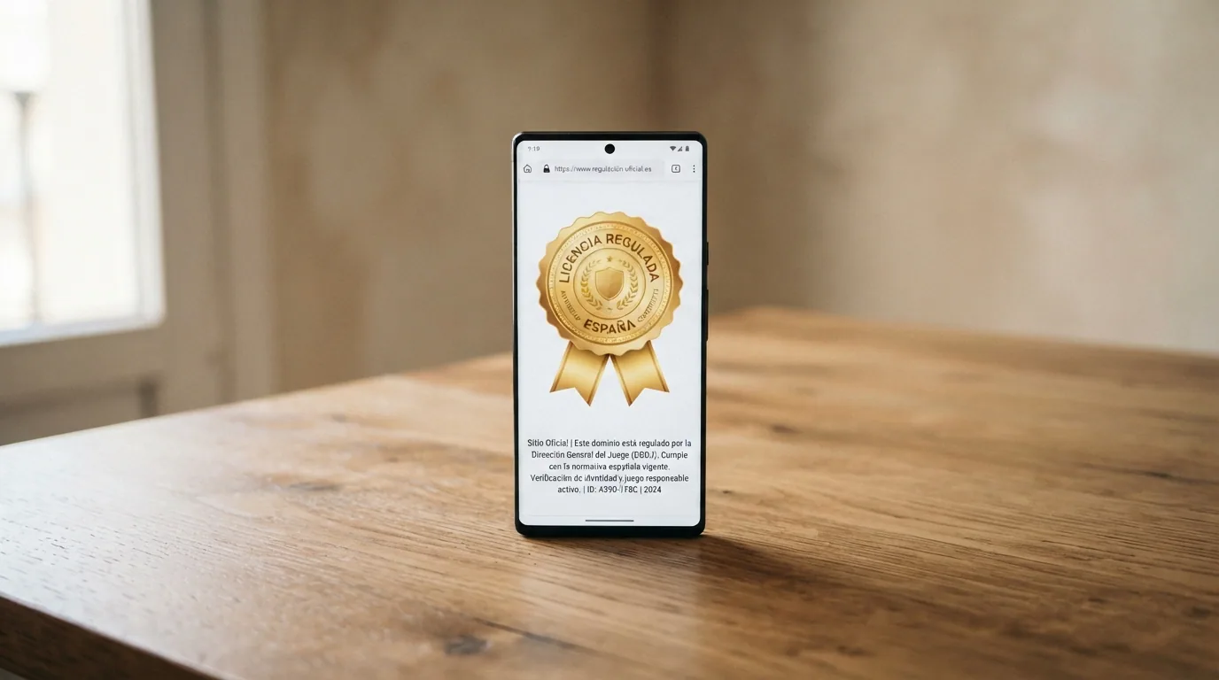 Sello oficial de la DGOJ y dominio .es en la barra de direcciones del navegador Chrome en un teléfono Android, junto a la página del registro de operadores