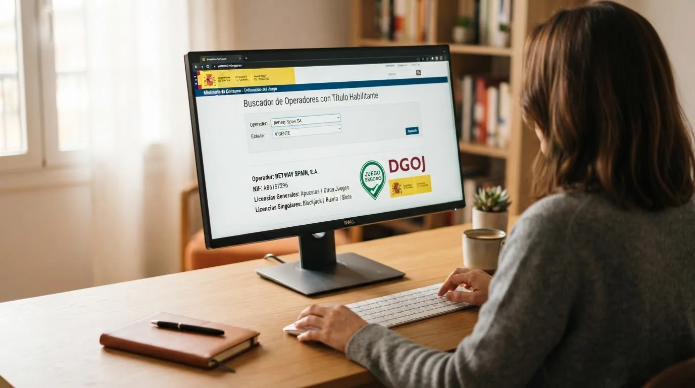 Pantalla del portal ordenacionjuego.es con el resultado de una búsqueda de operador en el registro público de la DGOJ junto al sello de Juego Seguro