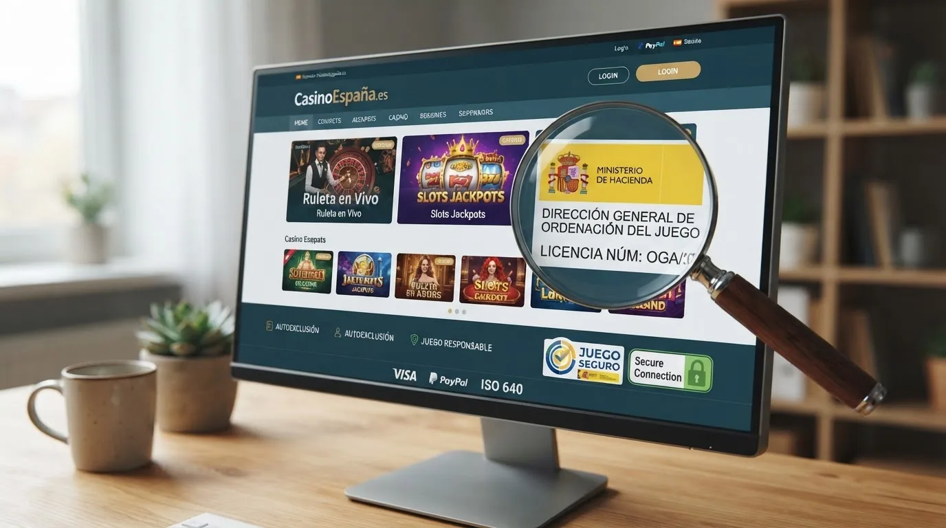 Primer plano de un certificado SSL y un sello de la DGOJ sobre la pantalla de un ordenador con la web de un casino abierta