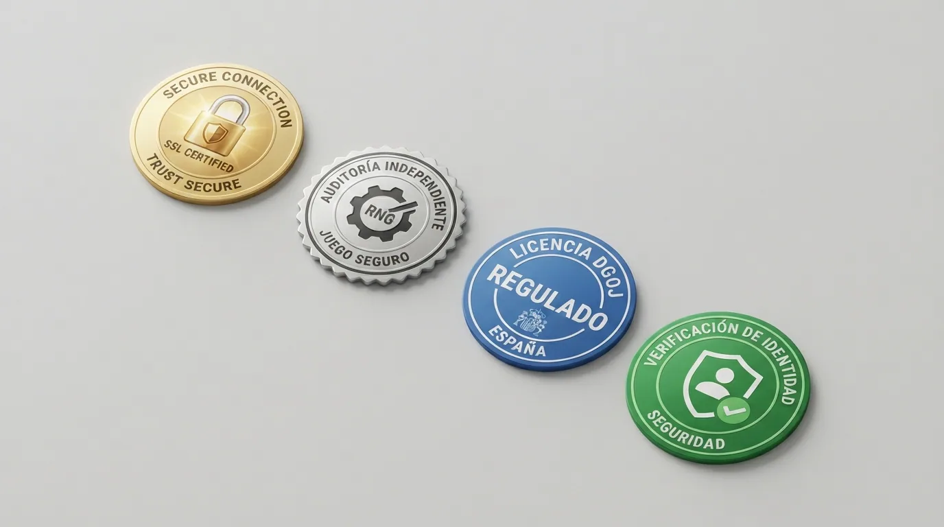 Conjunto de cuatro iconos: candado SSL, certificado de auditoría RNG, sello de licencia y verificación KYC