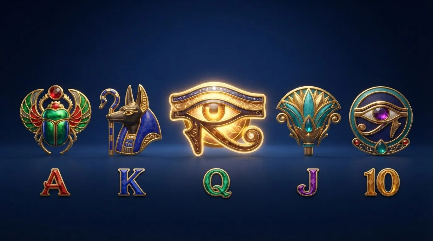Los símbolos de Eye of Horus sobre los rodillos: ojo de Horus, escarabajo, Anubis y los comodines expansivos