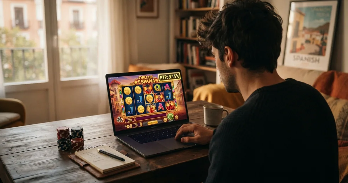 Jugador consultando el RTP de una slot en la pantalla de un casino online español con licencia