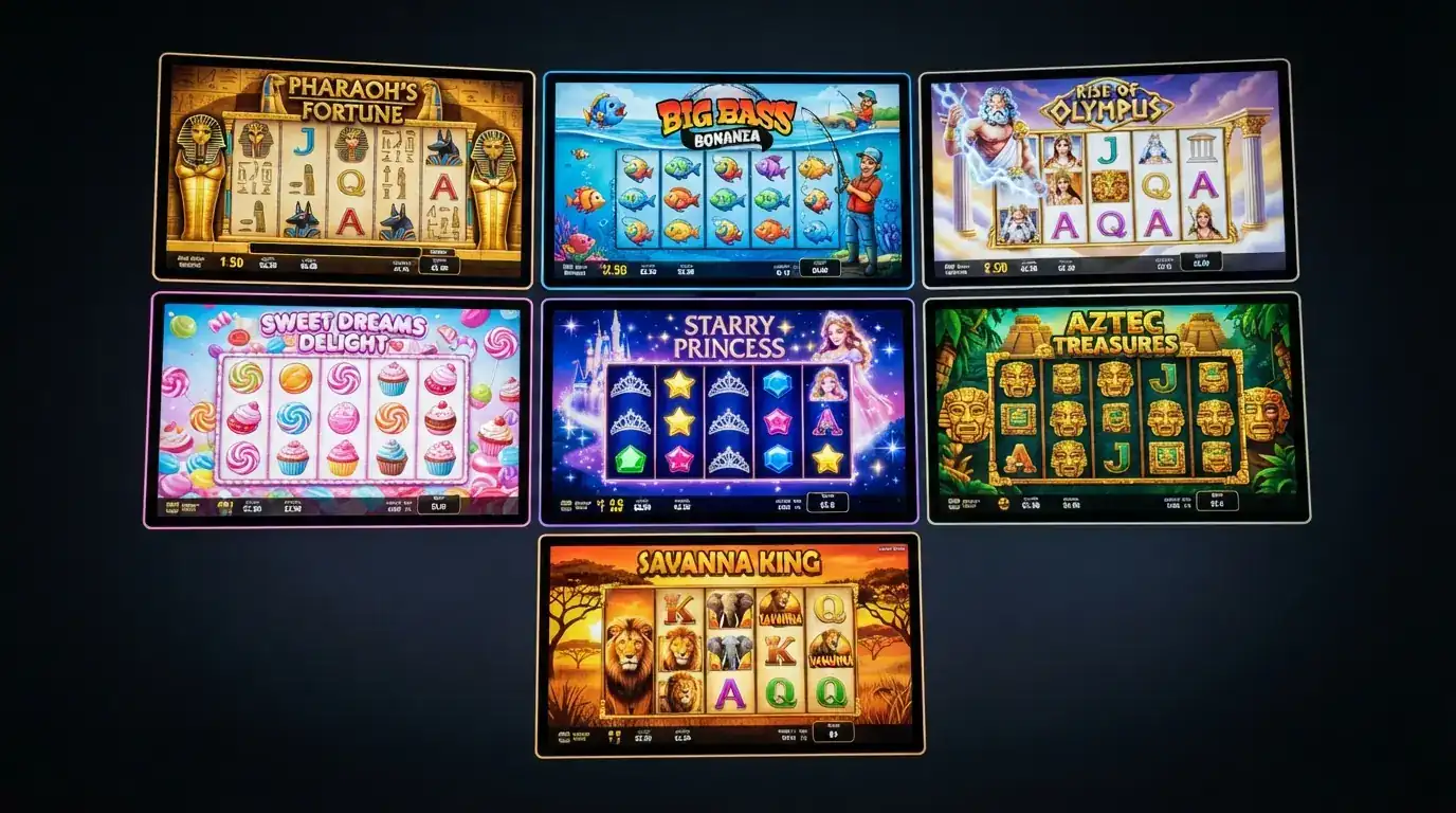Una cuadrícula con las carátulas de siete slots de alto RTP (Book of 99, Ugga Bugga, Big Bass Bonanza, Sweet Bonanza, Gates of Olympus, Starlight Princess, Book of Dead) con su porcentaje de RTP impreso sobre cada una