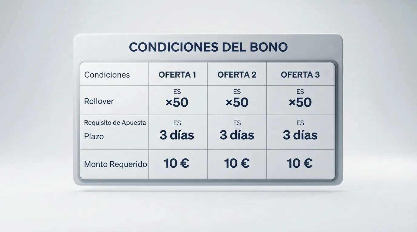 Comparativa visual de tres ofertas de bono de bienvenida con sus condiciones de rollover, vigencia y depósito mínimo destacadas