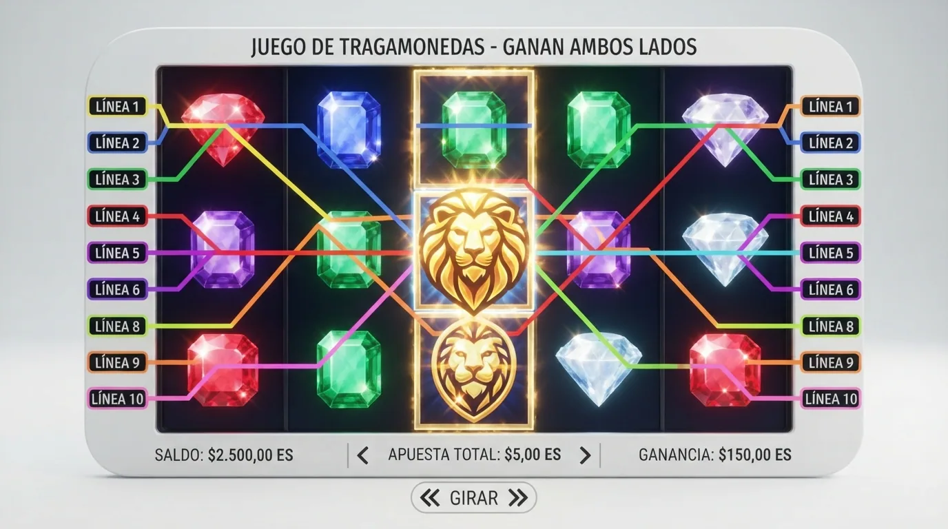 Interfaz de Starburst mostrando los 5 carretes, 3 filas y las 10 líneas de pago con indicadores visuales del sistema Win Both Ways