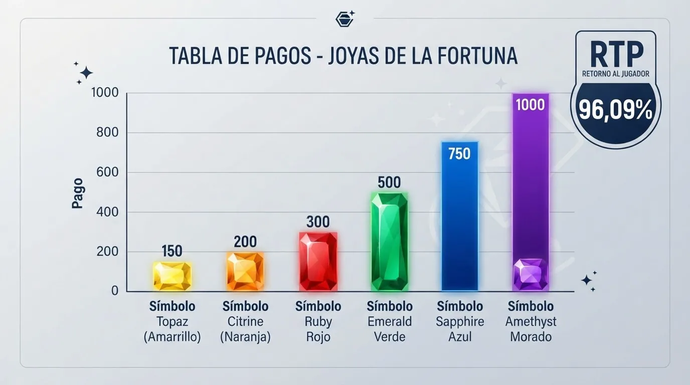 Tabla de pagos de Starburst con los valores de cada símbolo y el porcentaje de RTP del 96,09%