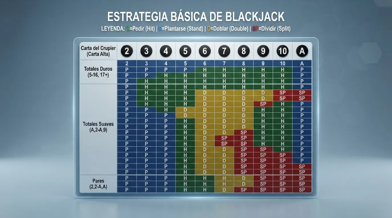 Tabla de estrategia básica del blackjack con las manos del jugador en filas y la carta del crupier en columnas, codificada por colores