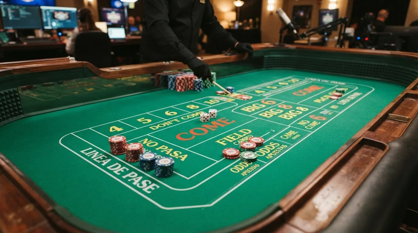 Vista cenital del tapete de craps con las zonas de apuesta etiquetadas y un par de dados detenidos sobre el fieltro verde