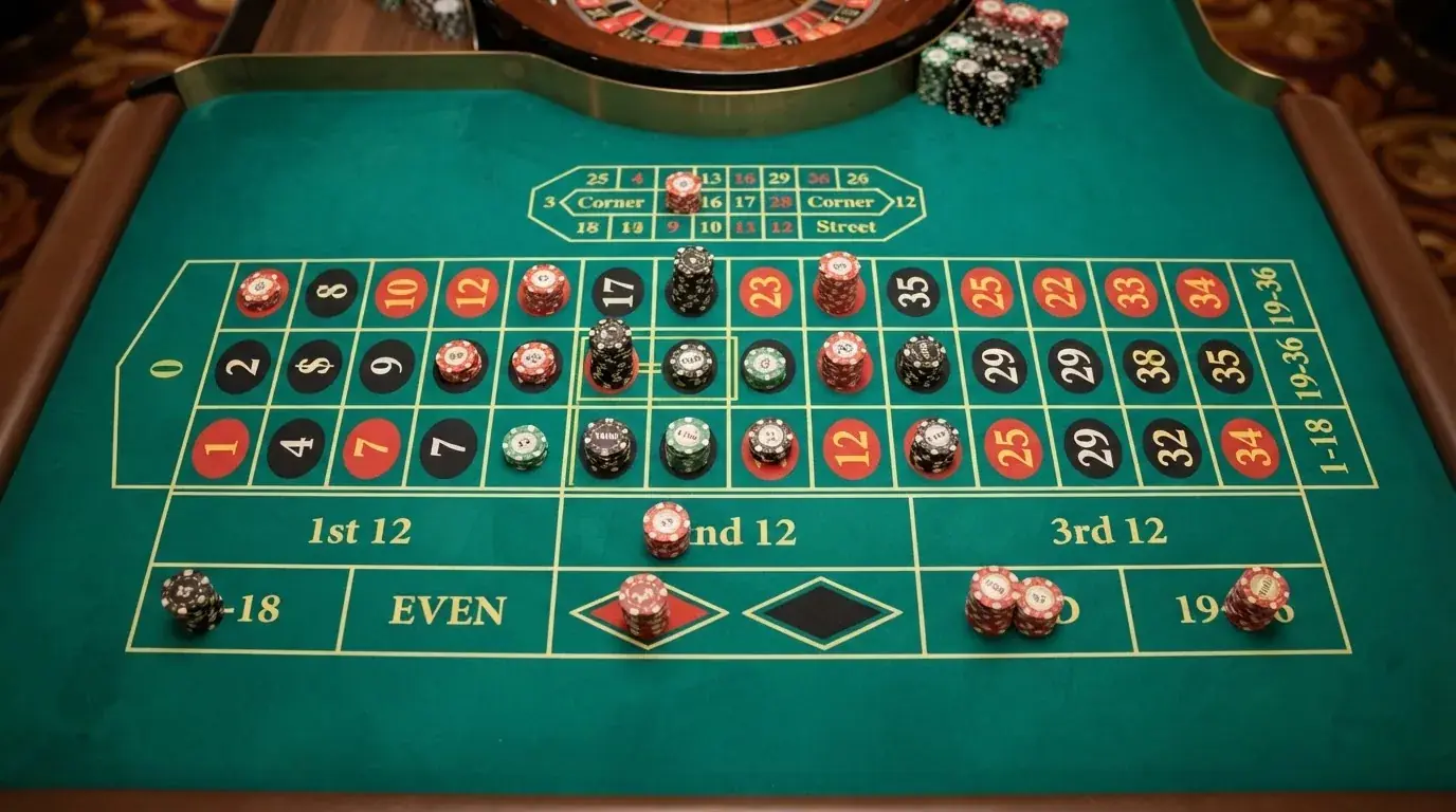 Vista cenital del tapete de una ruleta con las zonas de apuestas internas y externas señalizadas y fichas colocadas sobre varias combinaciones
