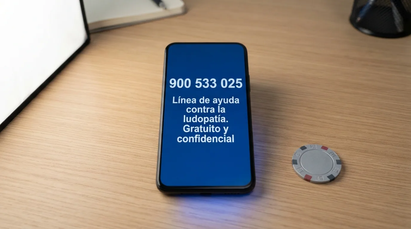 Pantalla de un móvil con el número 900 533 025 y el mensaje «Línea de ayuda contra la ludopatía. Gratuito y confidencial»