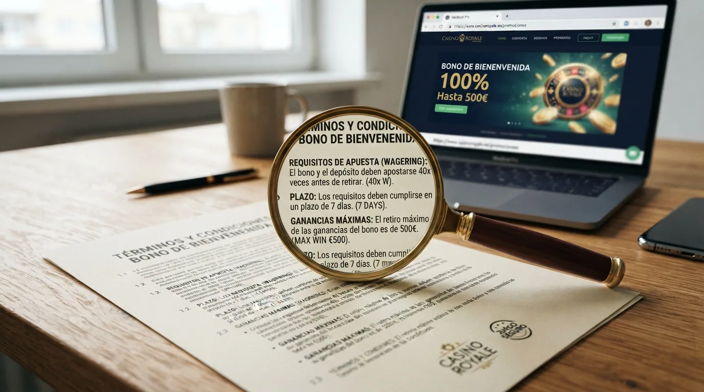 Una lupa sobre la letra pequeña de los términos de un bono de casino, con las palabras «wagering», «plazo» y «ganancias máximas» resaltadas