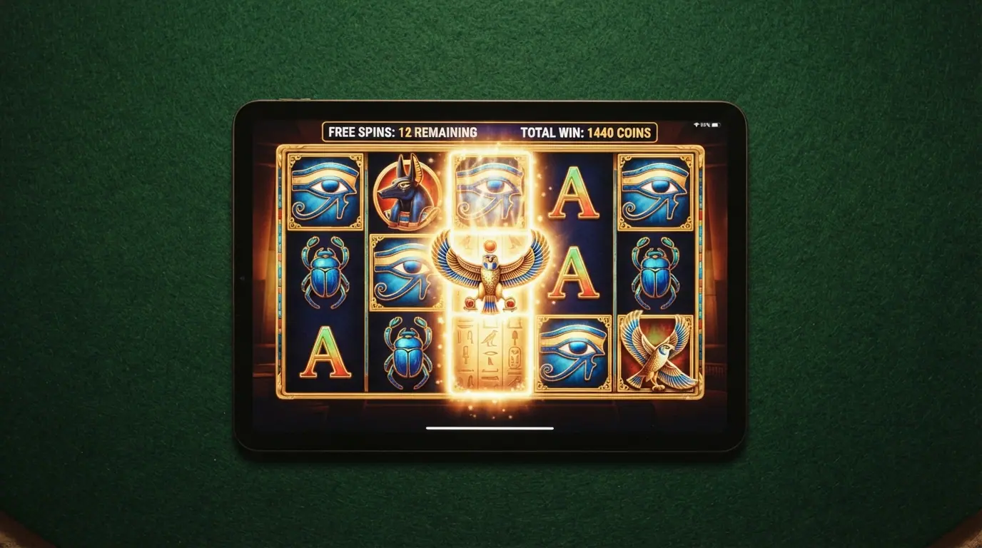 La pantalla de tiradas gratis de Eye of Horus con el comodín Horus expandido y los símbolos mejorados