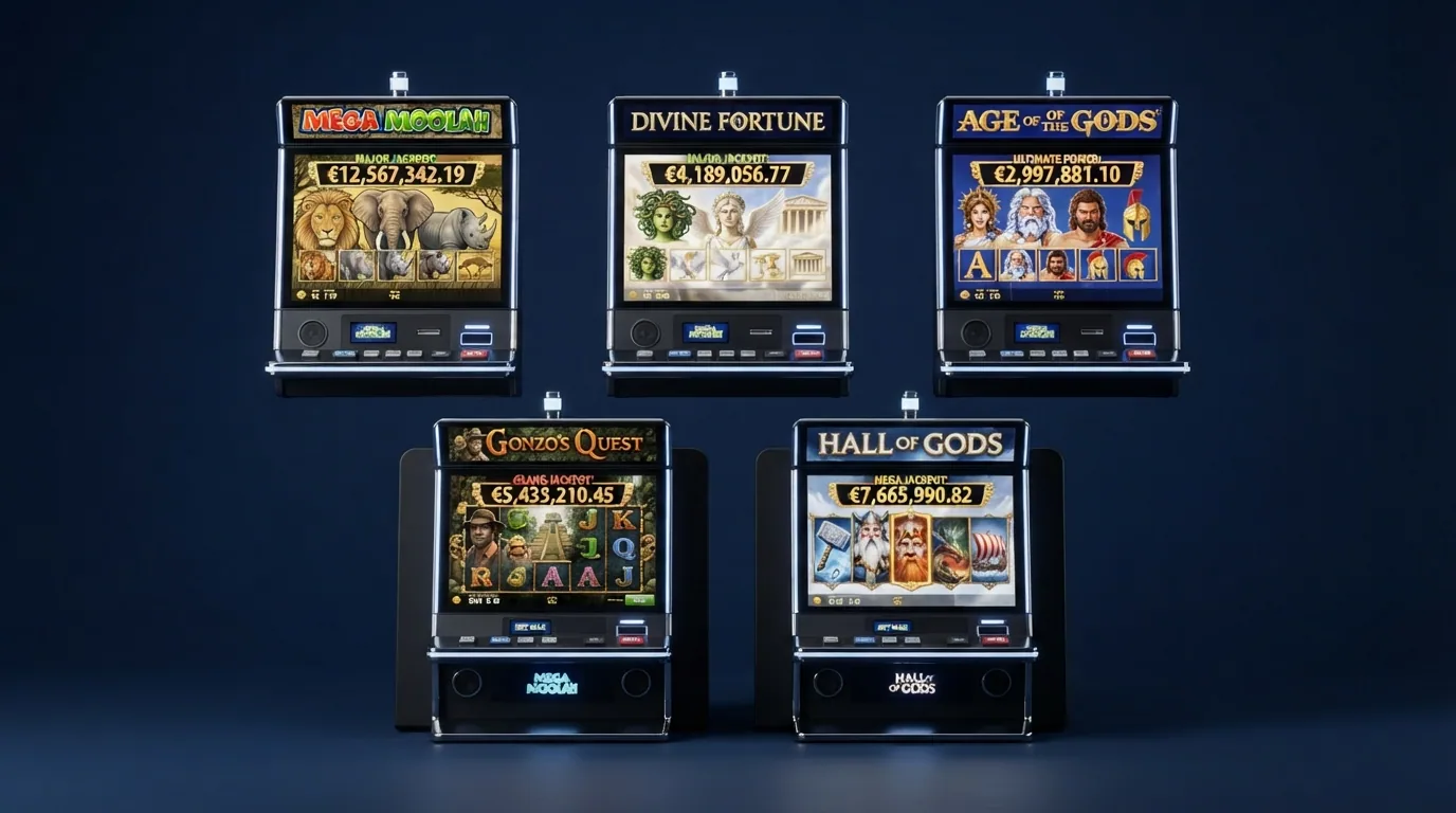 Capturas de pantalla de cinco tragaperras con jackpot progresivo (Mega Moolah, Mega Fortune, Divine Fortune, Jackpot Giant, Age of the Gods) alineadas en mosaico