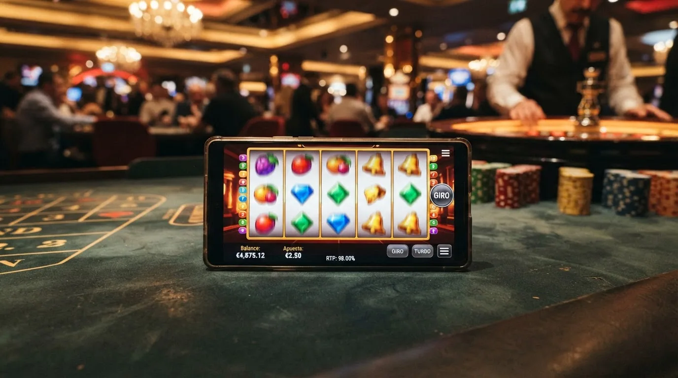 Pantalla de un móvil mostrando los rodillos de una tragamonedas de casino con el valor del RTP visible en la interfaz del juego