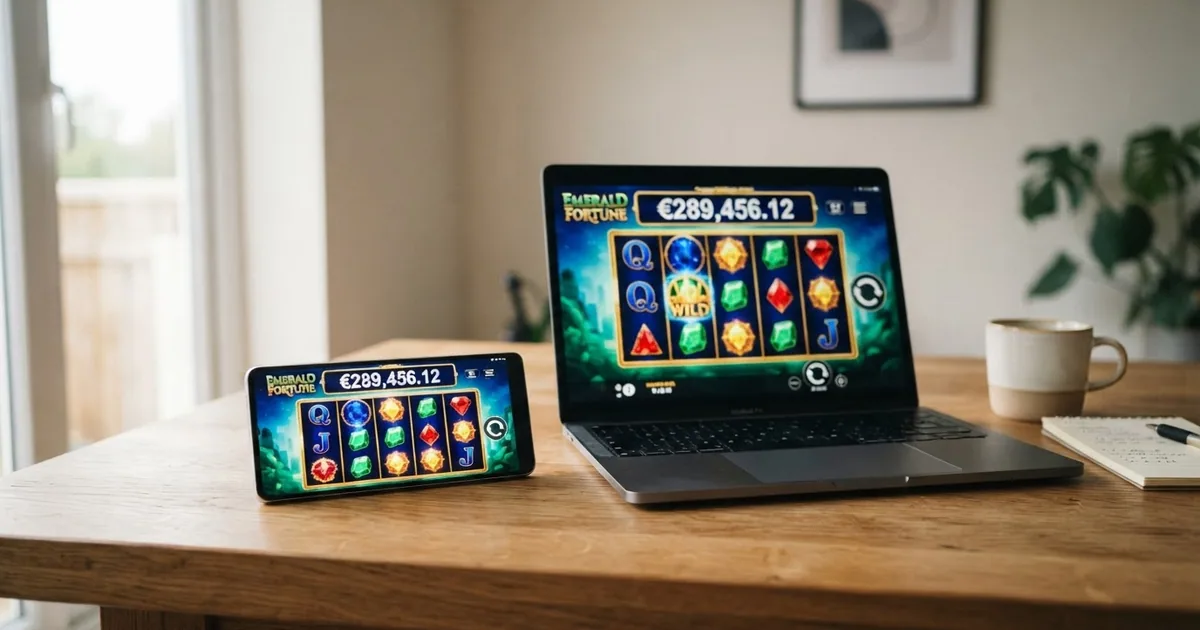 Interfaz de una tragaperras con jackpot progresivo en un ordenador y un móvil, con el contador del bote visible en la parte superior de la pantalla