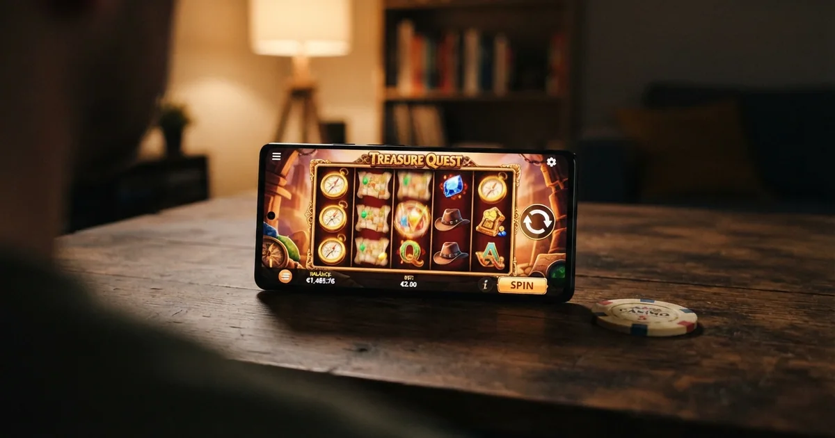 Interfaz de una tragaperras online con los carretes girando y el porcentaje de RTP visible en la ficha técnica del juego