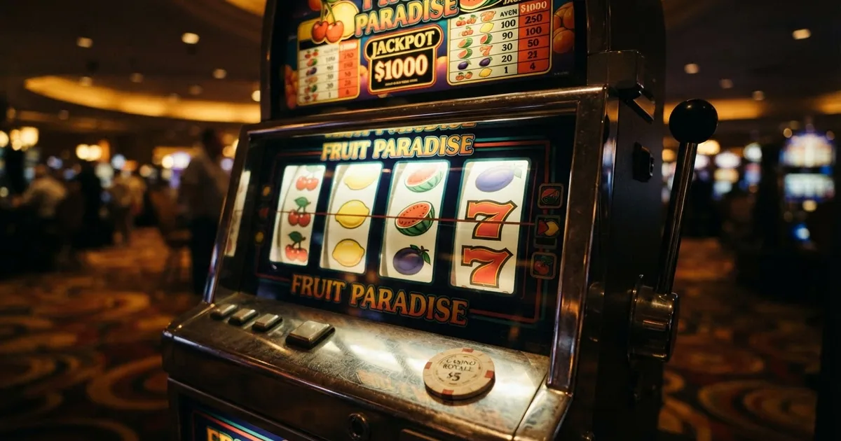 Una cuadrícula de símbolos de frutas clásicos de tragaperras — cerezas, limones, sandías y el 7 de la suerte — iluminados sobre un fondo de casino