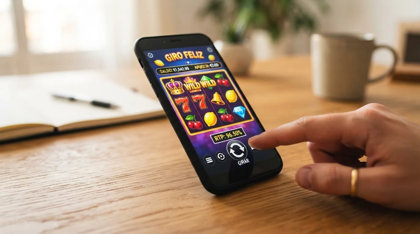 Interfaz de una tragaperras online legal en un móvil, con el RTP y la volatilidad visibles en la ficha del juego