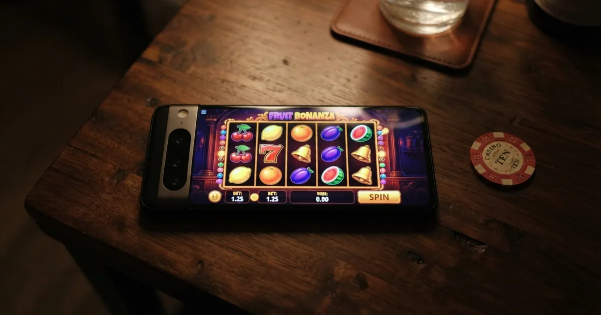 Pantalla de una tragaperras online con cinco rodillos iluminados mostrando símbolos de frutas, campanas y sietes sobre un fondo oscuro de casino digital con el botón de giro en primer plano.