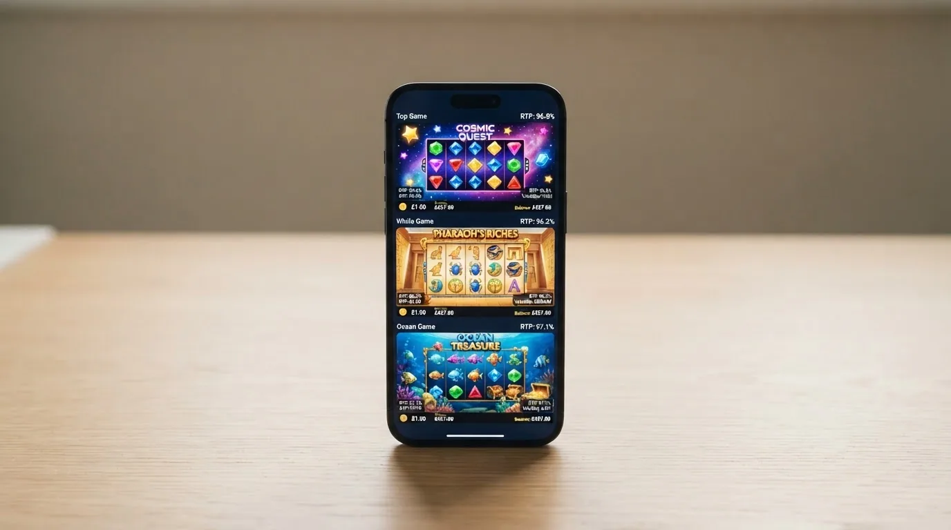 Tres títulos de tragaperras — Starburst, Book of Dead y Big Bass Bonanza — en la pantalla de un móvil Android con sus RTP y volatilidad visibles en la ficha de cada juego