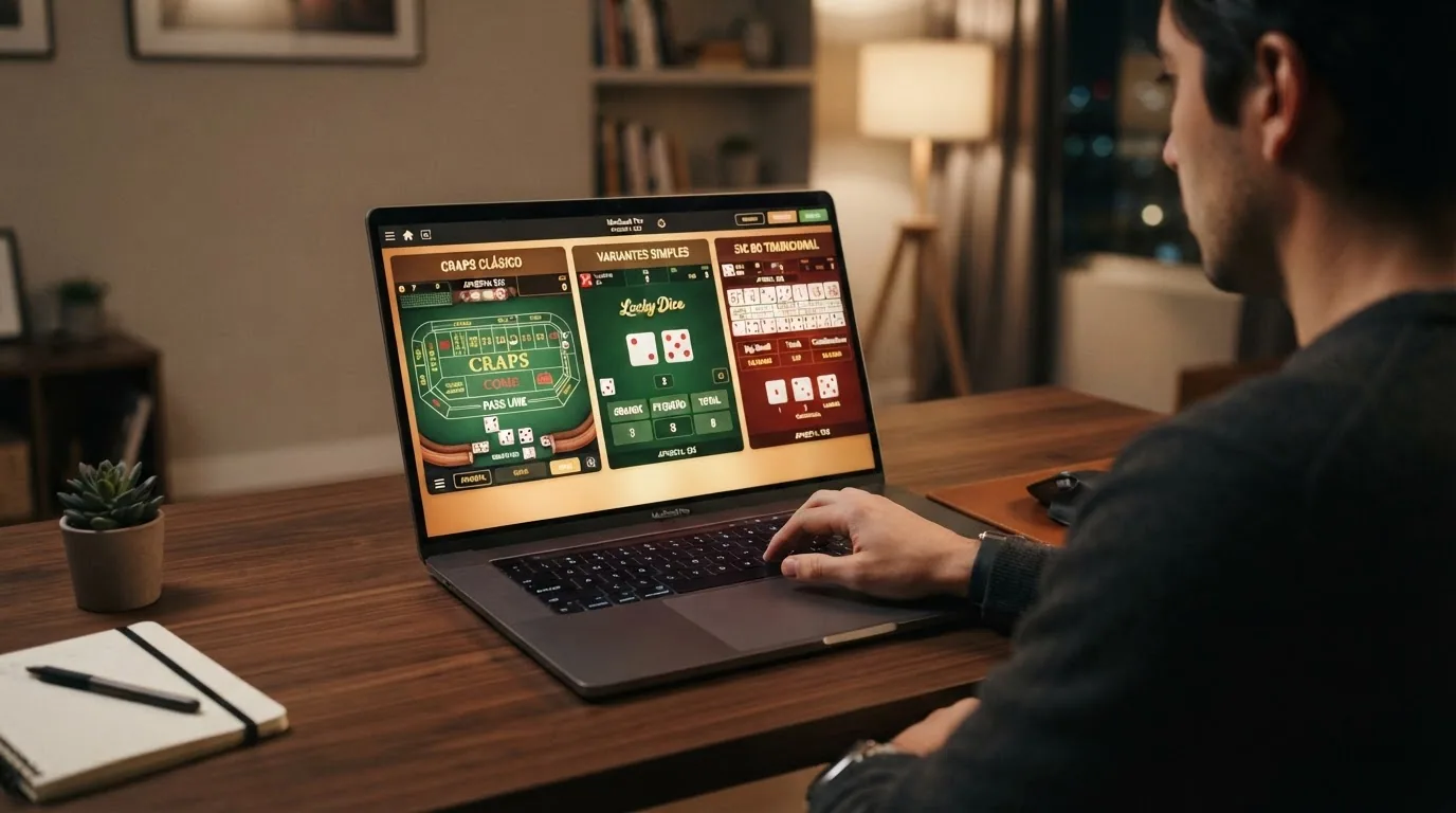 Un mosaico de tres juegos de dados distintos vistos en una interfaz de casino online: craps clásico, un dado simplificado y una mesa de sic bo